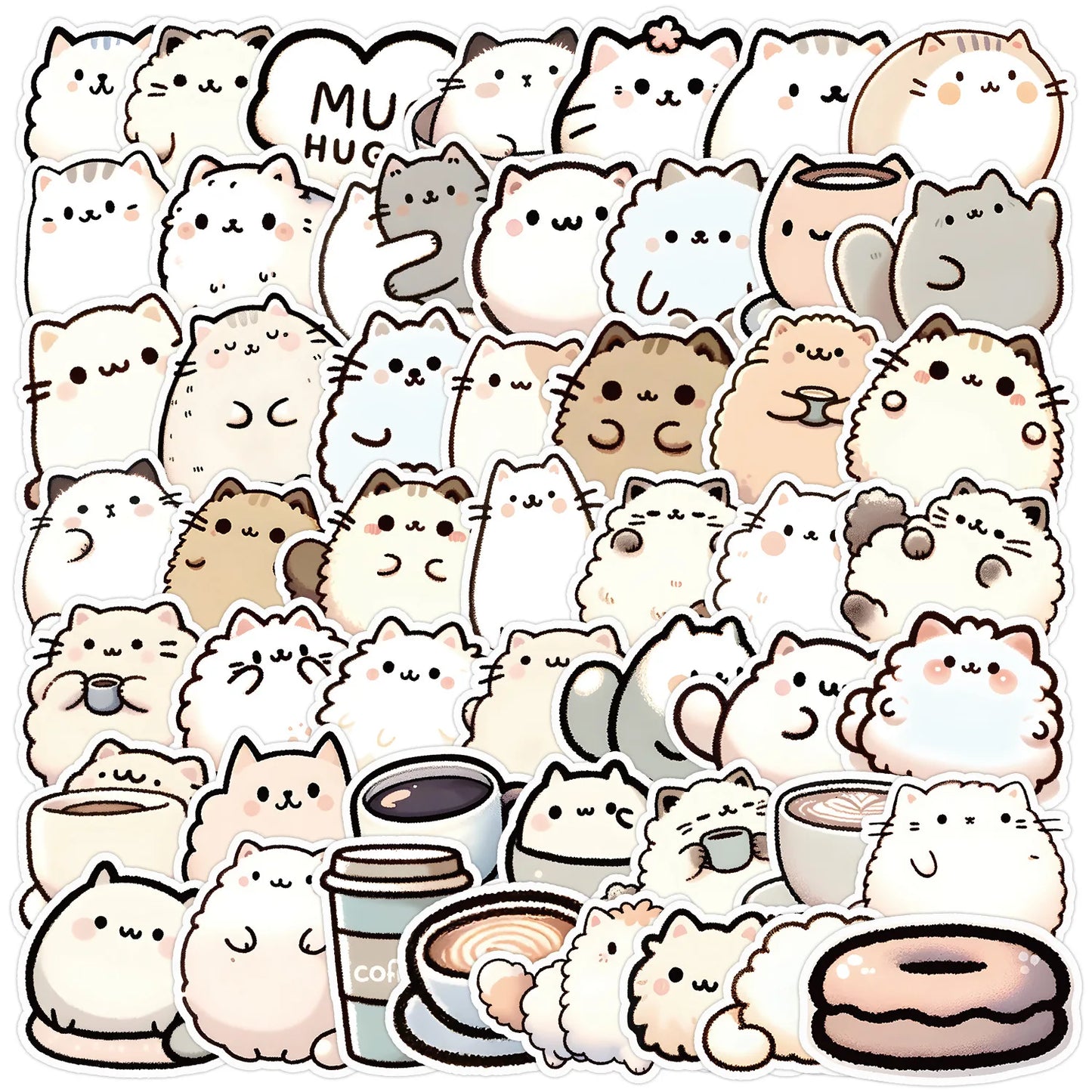 50pcs Cute Kitten Coffee Stickers for Helmet Wall DIY Decoration