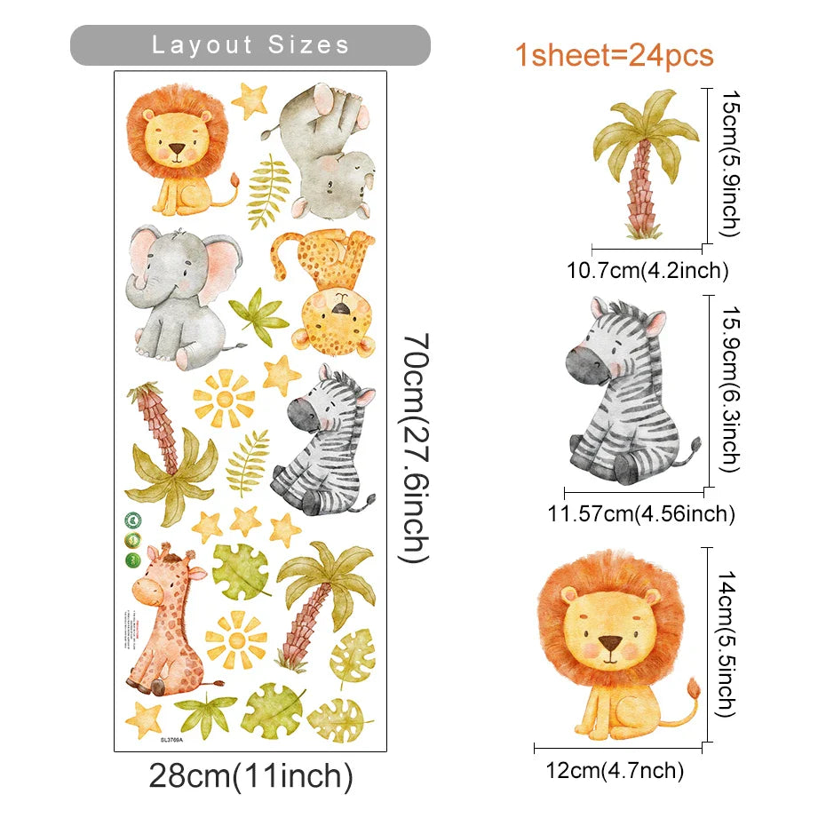 Cartoon Animal Wall Stickers PVC Removable Decals Kids Room Nursery Decor