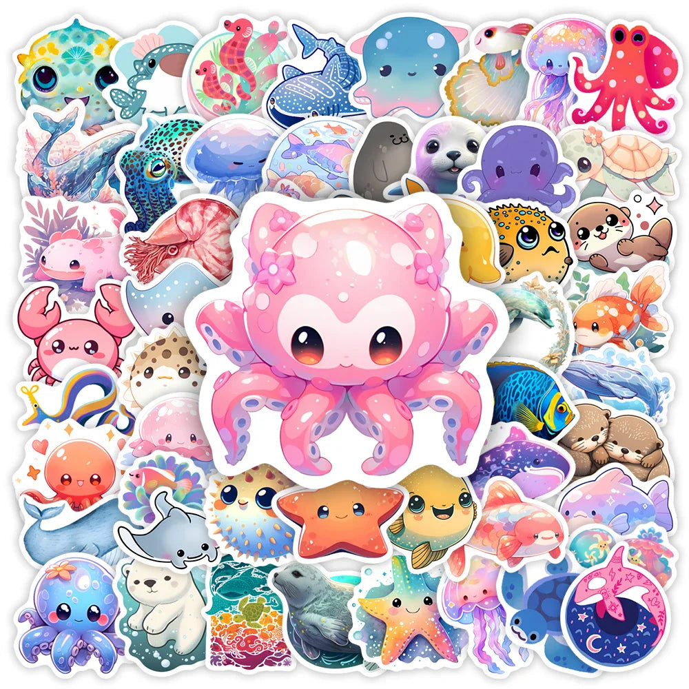 Cute Sea Life Stickers Jellyfish Octopus Fish Clipart DIY Gift Toys Decal for Laptop Scrapbook Phone Bottles Luggage Waterproof