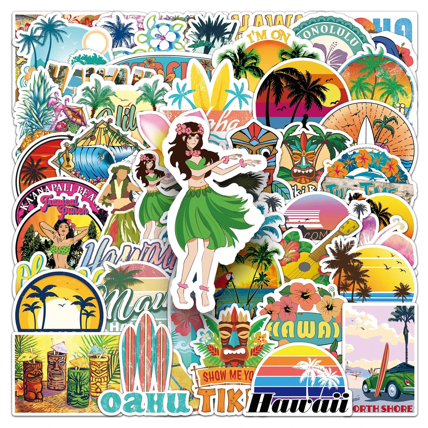 50Pcs Hawaiian Cartoon Waterproof Vinyl Stickers for Skateboard Snowboard