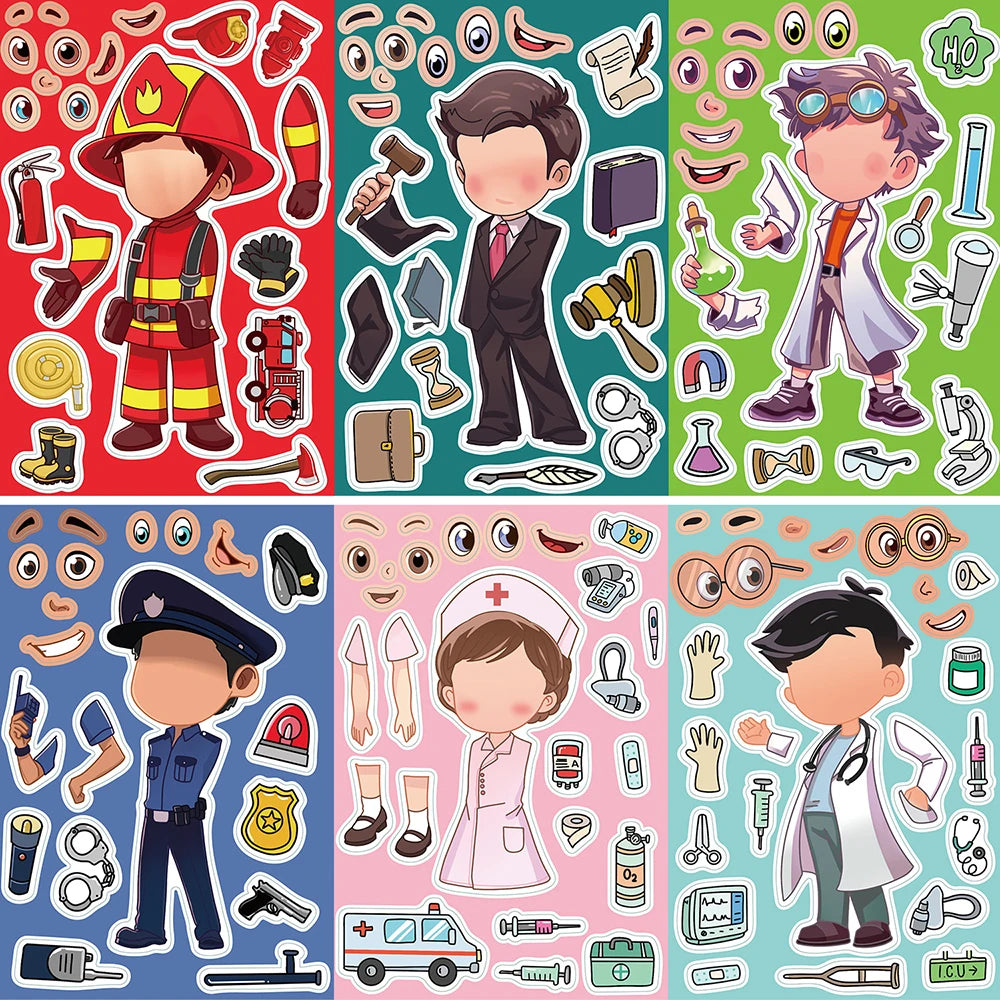 8/16 Sheets Make a Face Occupation Jigsaw Stickers Educational Craft Toy