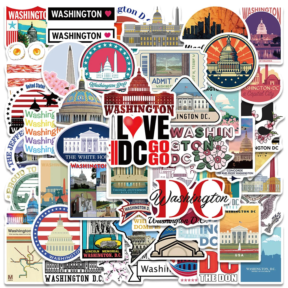 50PCS Washington DC Aesthetic Travel Stickers for Kids Car Bottle Laptop Motorcycle Fridge Decals