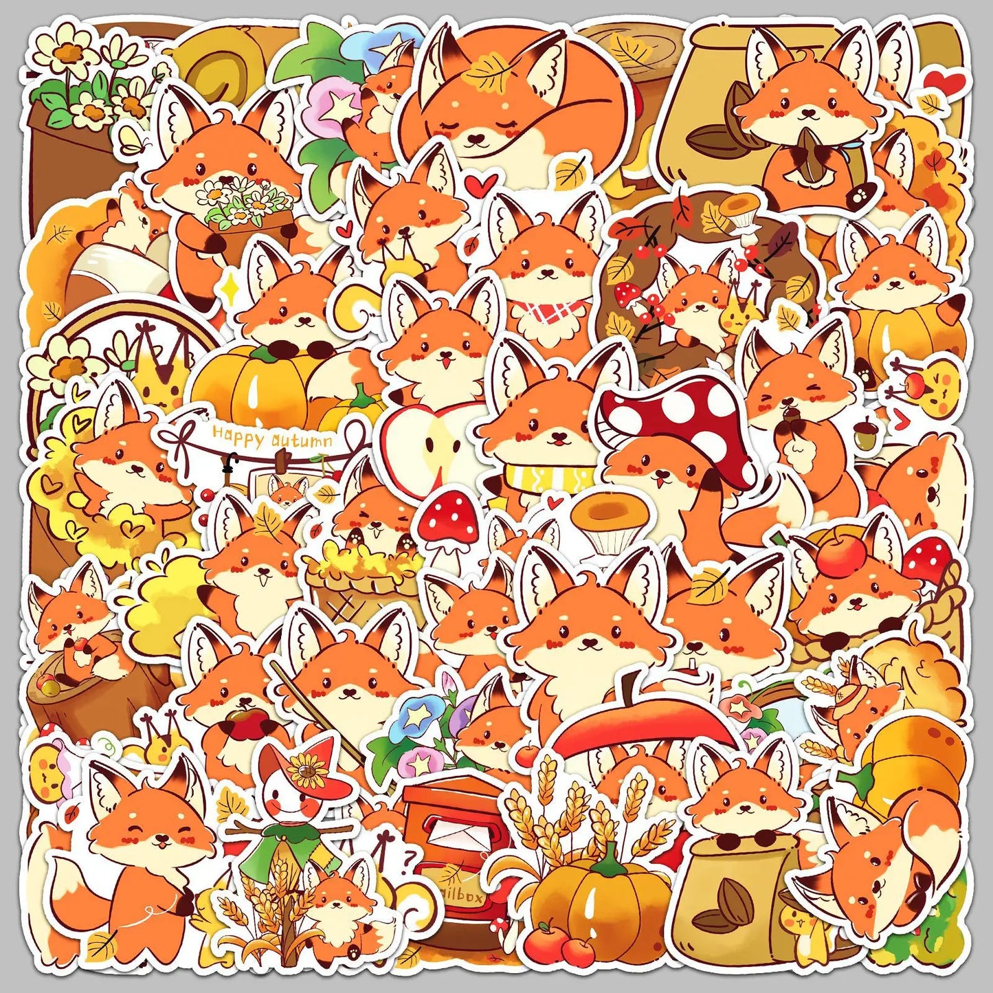 50pcs Cute Fox Fall Series Stickers for Helmet, Desktop, Wall Decoration, DIY