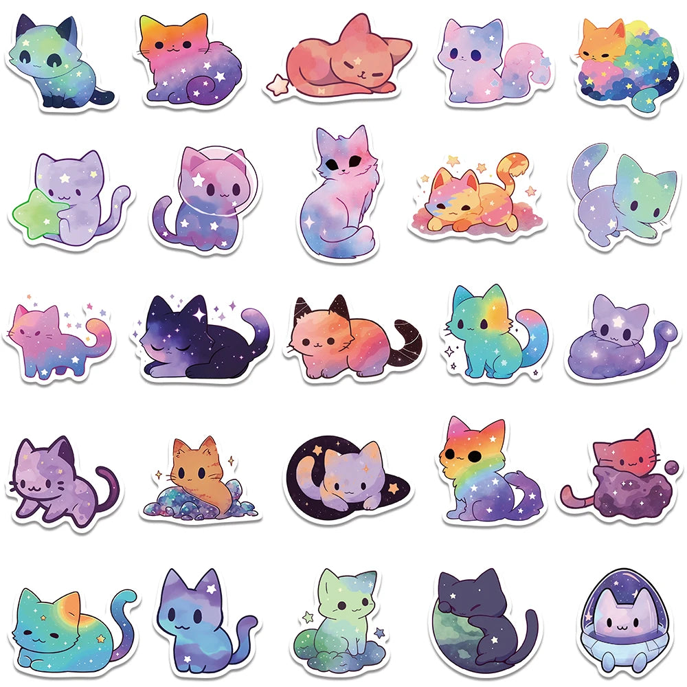 50pcs Kawaii Cartoon Starry Sky Cats Stickers Decals For Laptop Water Bottle Luggage Notebook Phone Vinyl Waterproof Graffiti