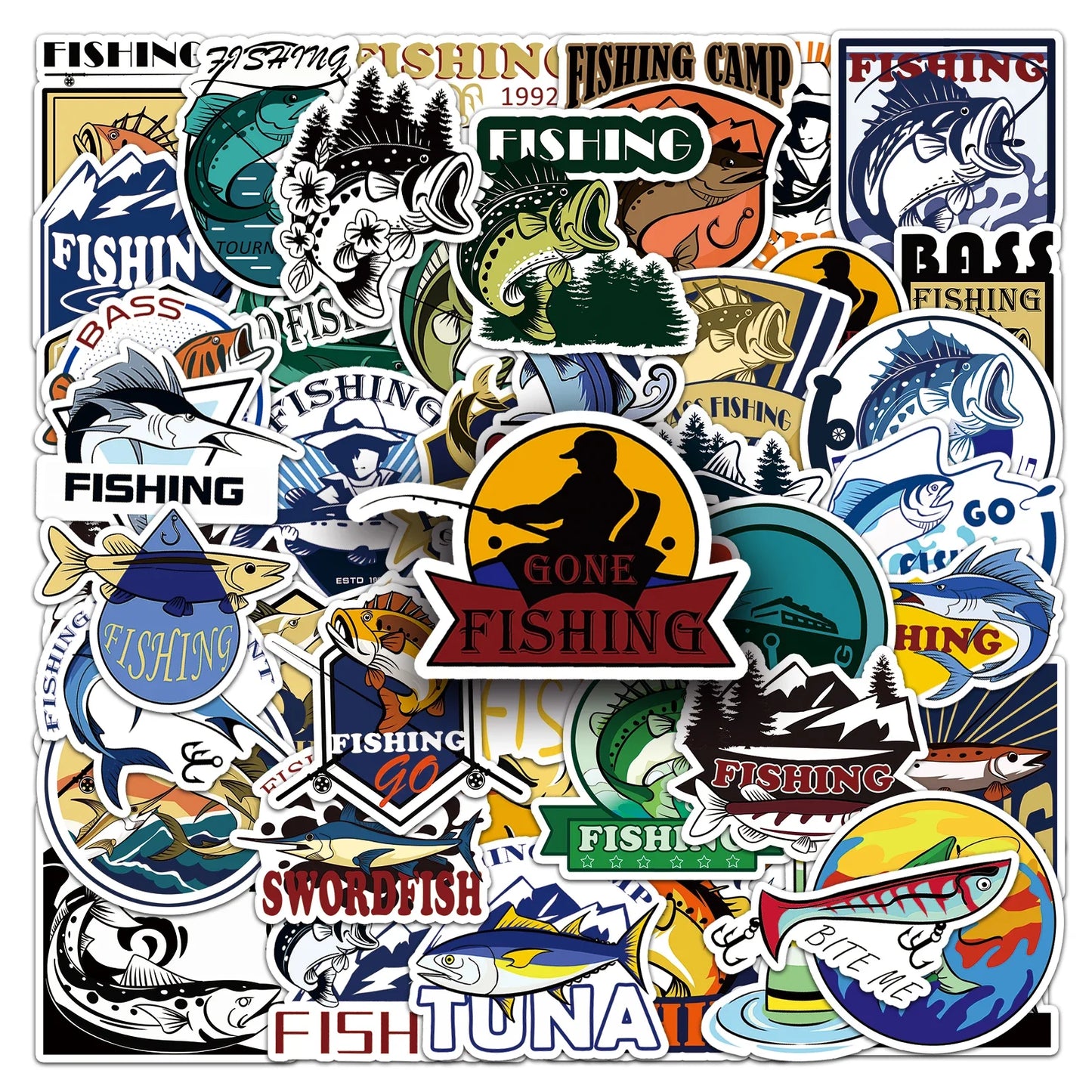 50Pcs Fishing Cartoon Waterproof Vinyl Stickers for Skateboard Snowboard