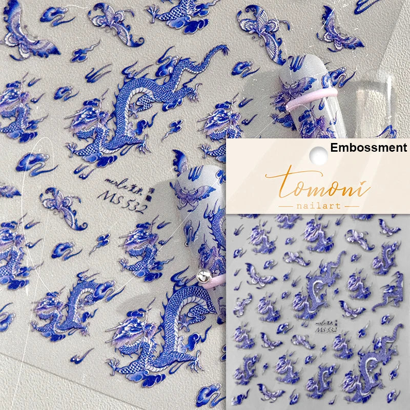 3D Dragon Porcelain Nail Art Stickers - Red, Pink, Blue, White