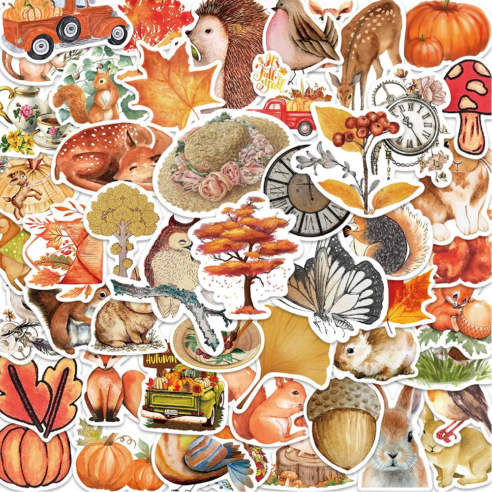 Autumn Forest Stickers: Leaves, Animals, Decals for Scrapbook, Suitcase, Phone, Guitar