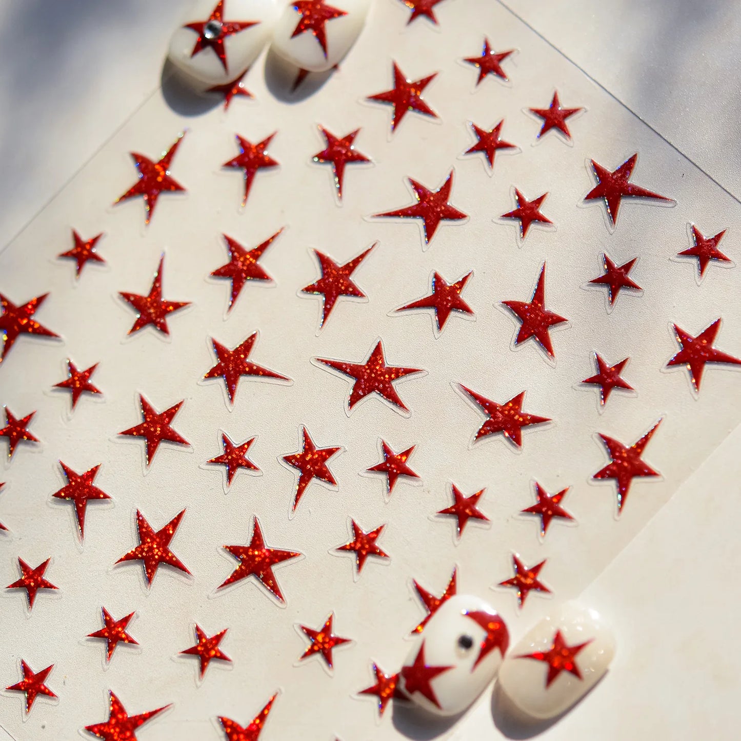 5D Red Silver Star Nail Art Stickers Rhinestone Decals