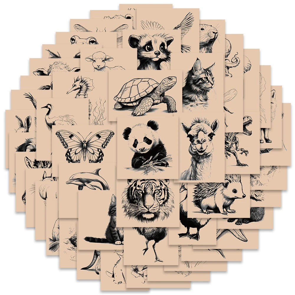 50pcs Retro Cartoon Animals Sketching Aesthetic Stickers For Laptop Phone Guitar Luggage Waterproof Graffiti Vinyl Decals