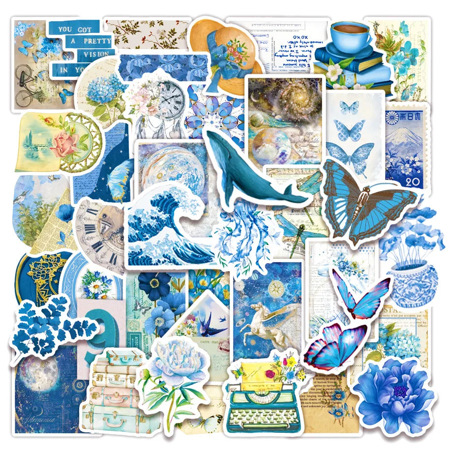 Retro Blue Aesthetic Art Stickers for Scrapbooking, Luggage, Water Bottle, Phone, Laptop, Guitar Decals (10/25/50pcs)
