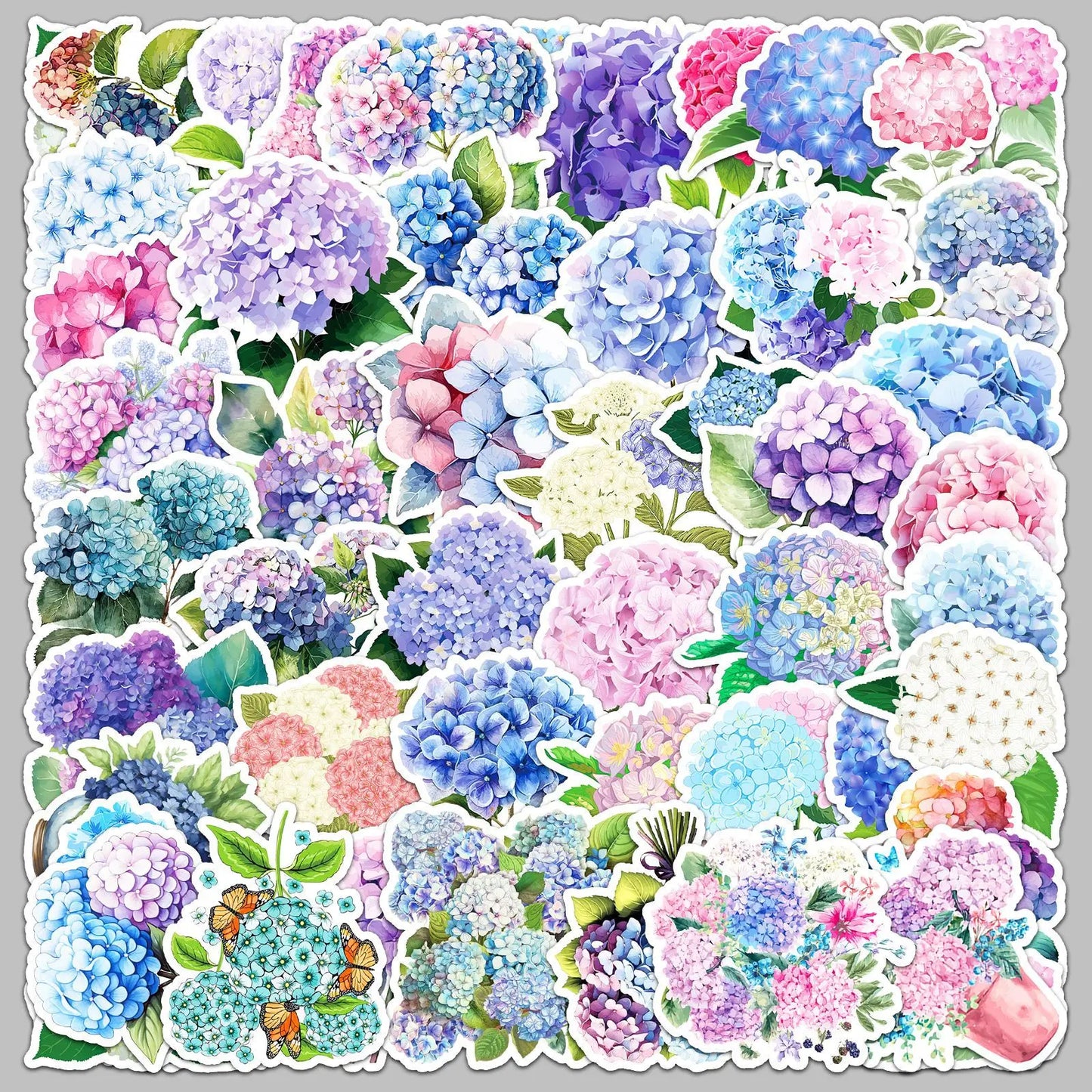 50Pcs Cartoon Hydrangea Graffiti Stickers for Helmet, Wall, DIY Decor