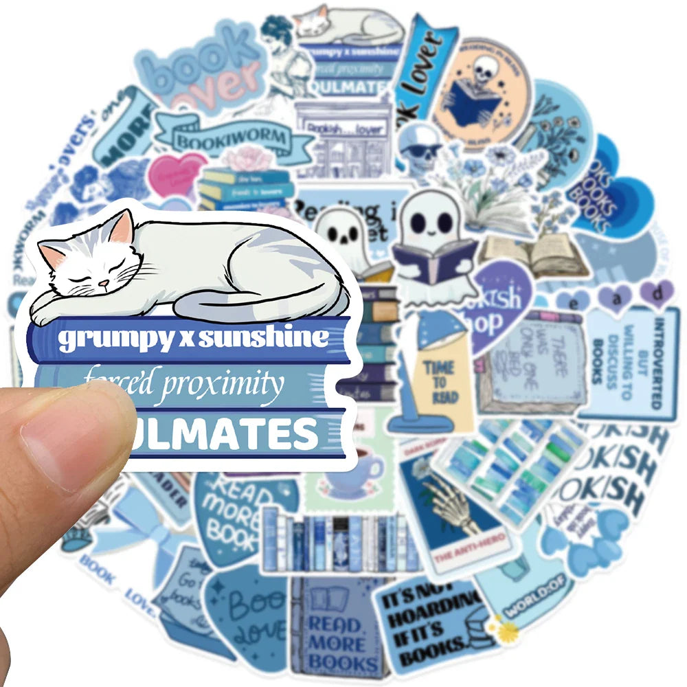 50pcs Cute Cartoon Aesthetic Reading Book Stickers Blue Bookish Sticker For Luggage Laptop Guitar Phone Waterproof Vinyl Decals