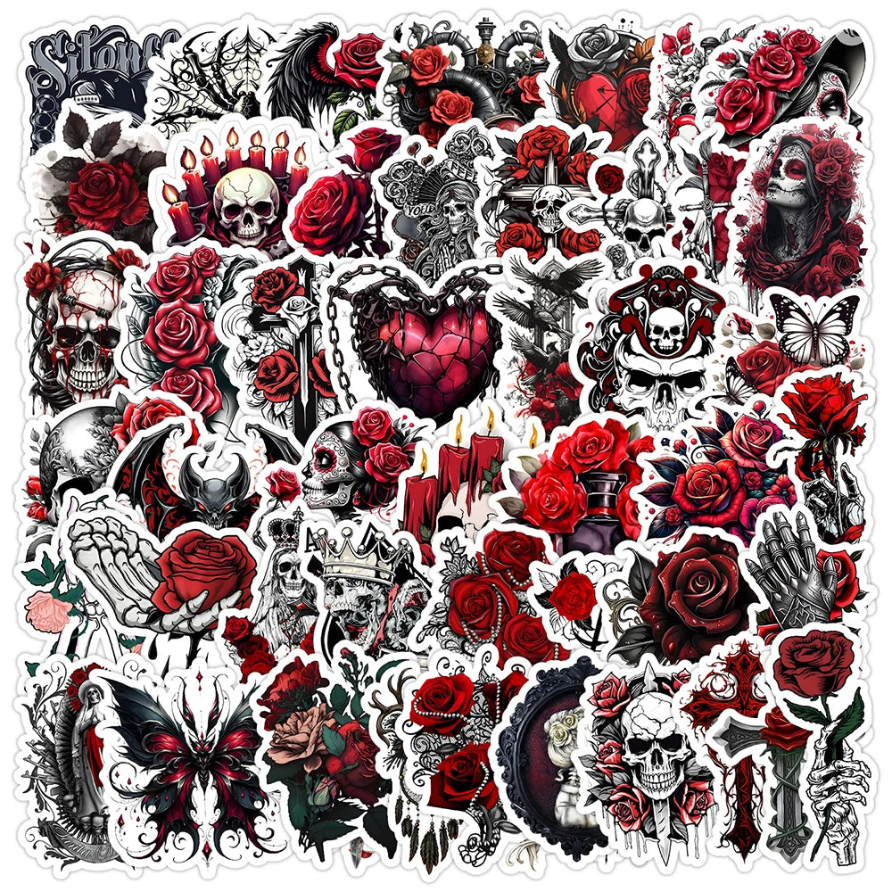 50pcs Red Rose Skull Graffiti Stickers for Helmet, Wall, DIY Decoration