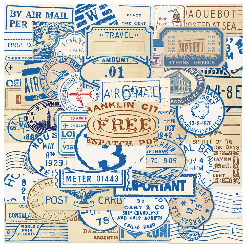 50PCS Travel Stamp Stickers Waterproof for Journal, Phone, Luggage, Laptop, Scrapbook