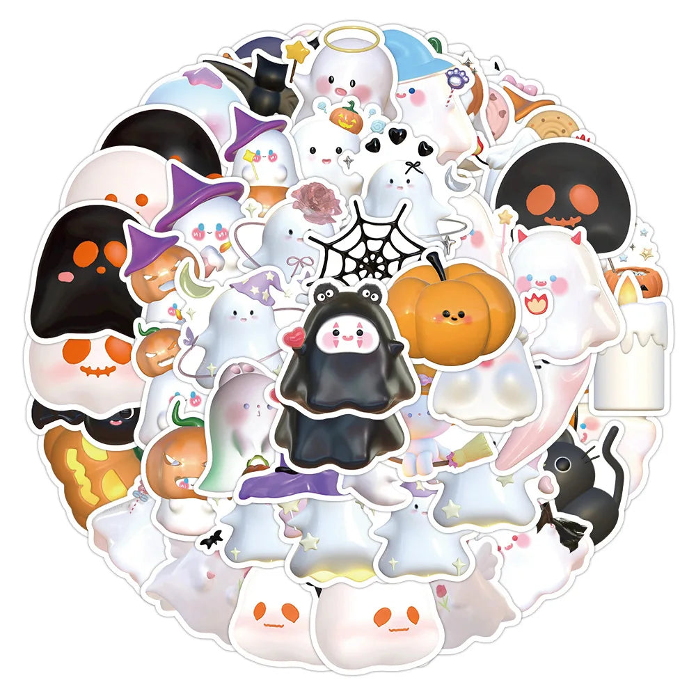 3D Halloween Ghost Stickers - 10/30/60pcs Cute DIY Decals for Notebook, Phone, Suitcase, Fridge, Guitar, Bike