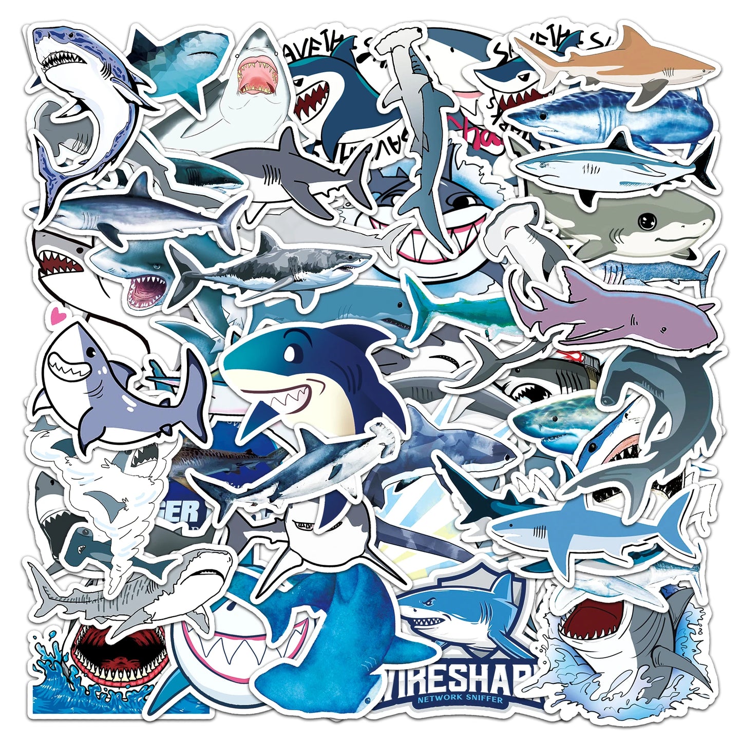 50Pcs Shark Cartoon Waterproof Vinyl Stickers for Skateboard Snowboard
