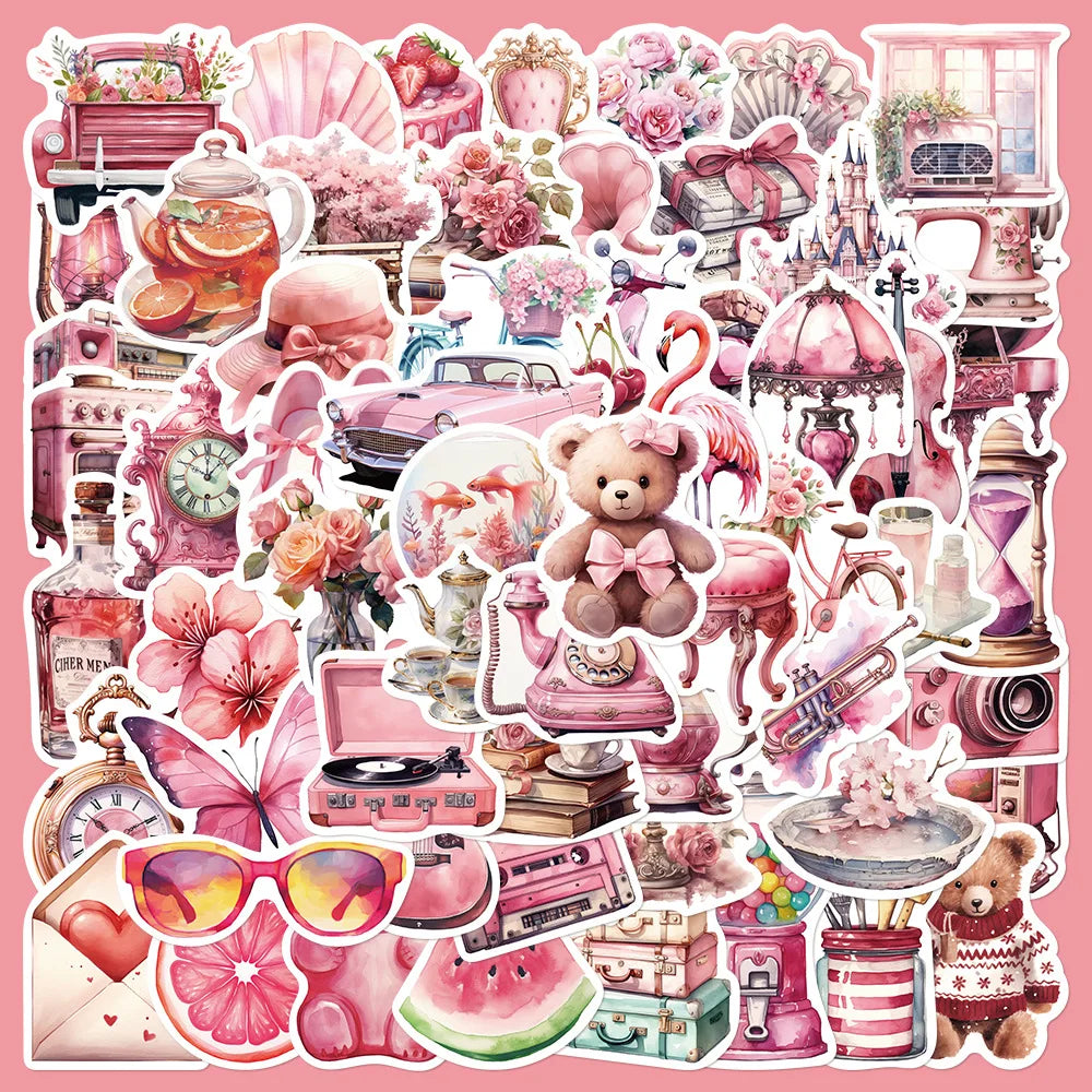 60pcs Pink Holiday Flower Graffiti Stickers for Helmet Wall DIY Decoration