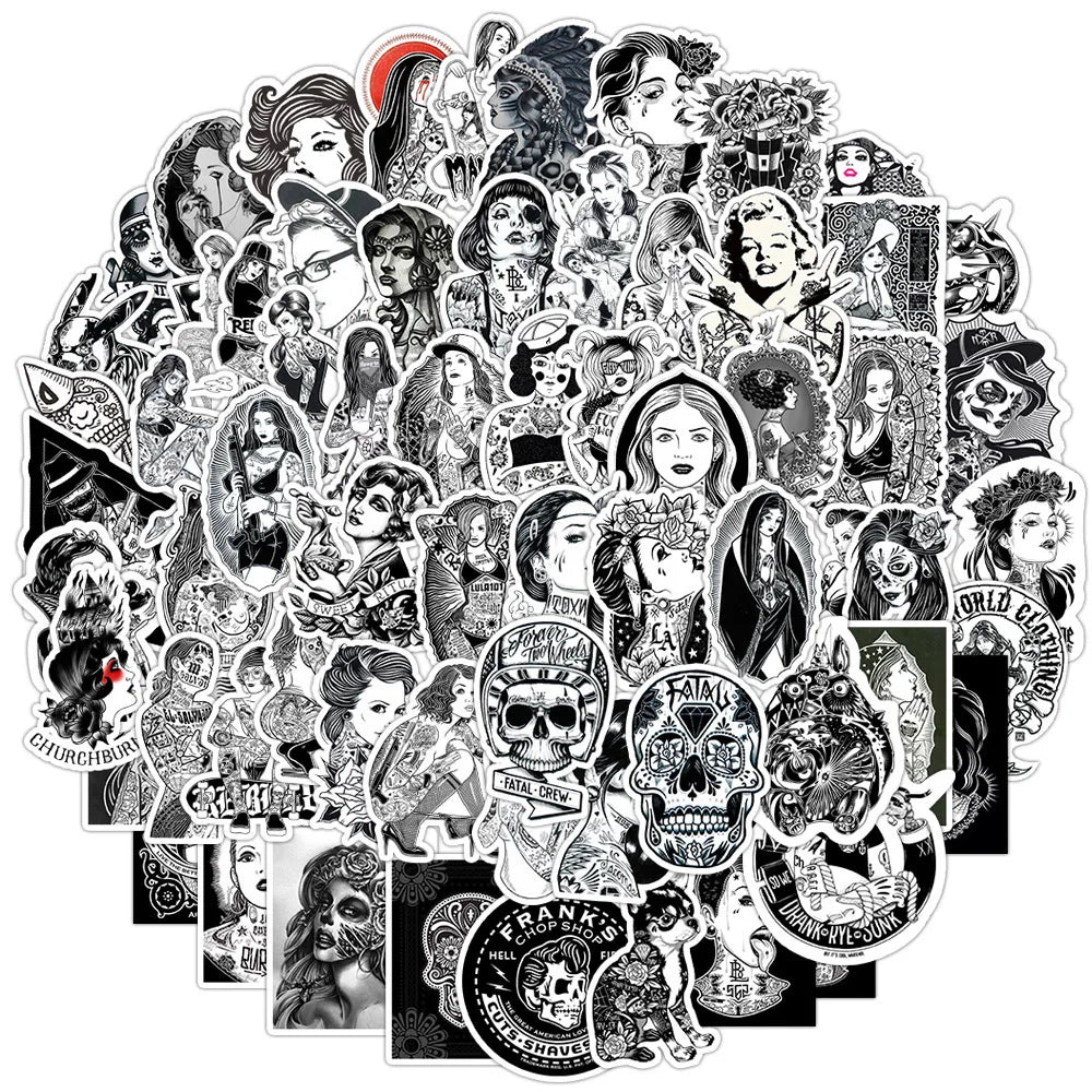 Retro Black White Tattoo Woman Stickers for Laptop, Motorcycle, Phone, Luggage, Notebook, Bike, Car - 10/30/60PCS