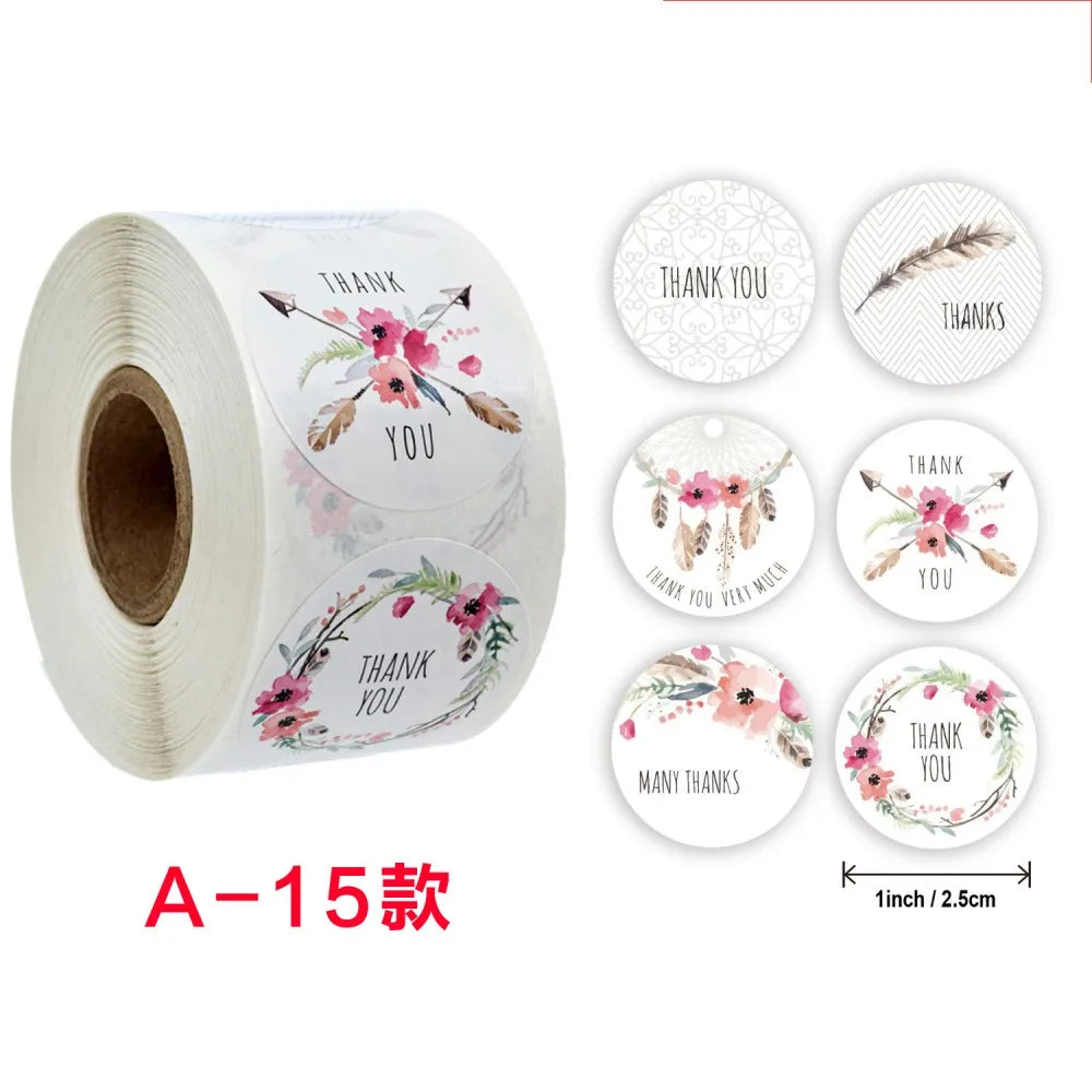 50-500pcs Labels Roll Flower Thank You Stickers 1inch Adhesive Labels Stickers for Gift Decoration Stationery Wrapping Supplies