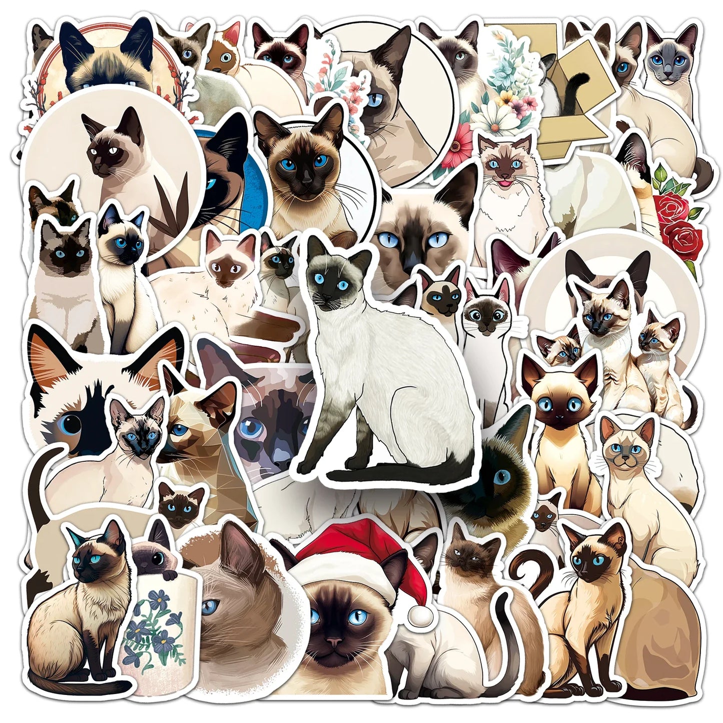50Pcs Siamese Cat Cartoon Waterproof Vinyl Stickers for Skateboard Snowboard Decal