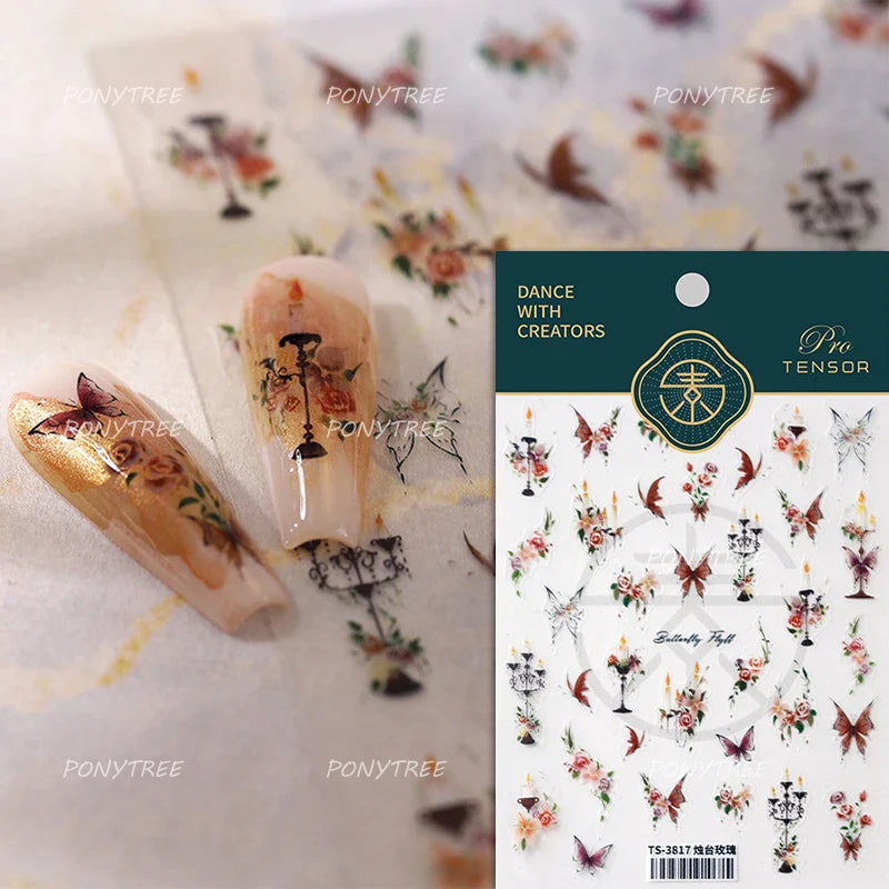 Butterfly Candle Holder Rose Nail Art Stickers Decal