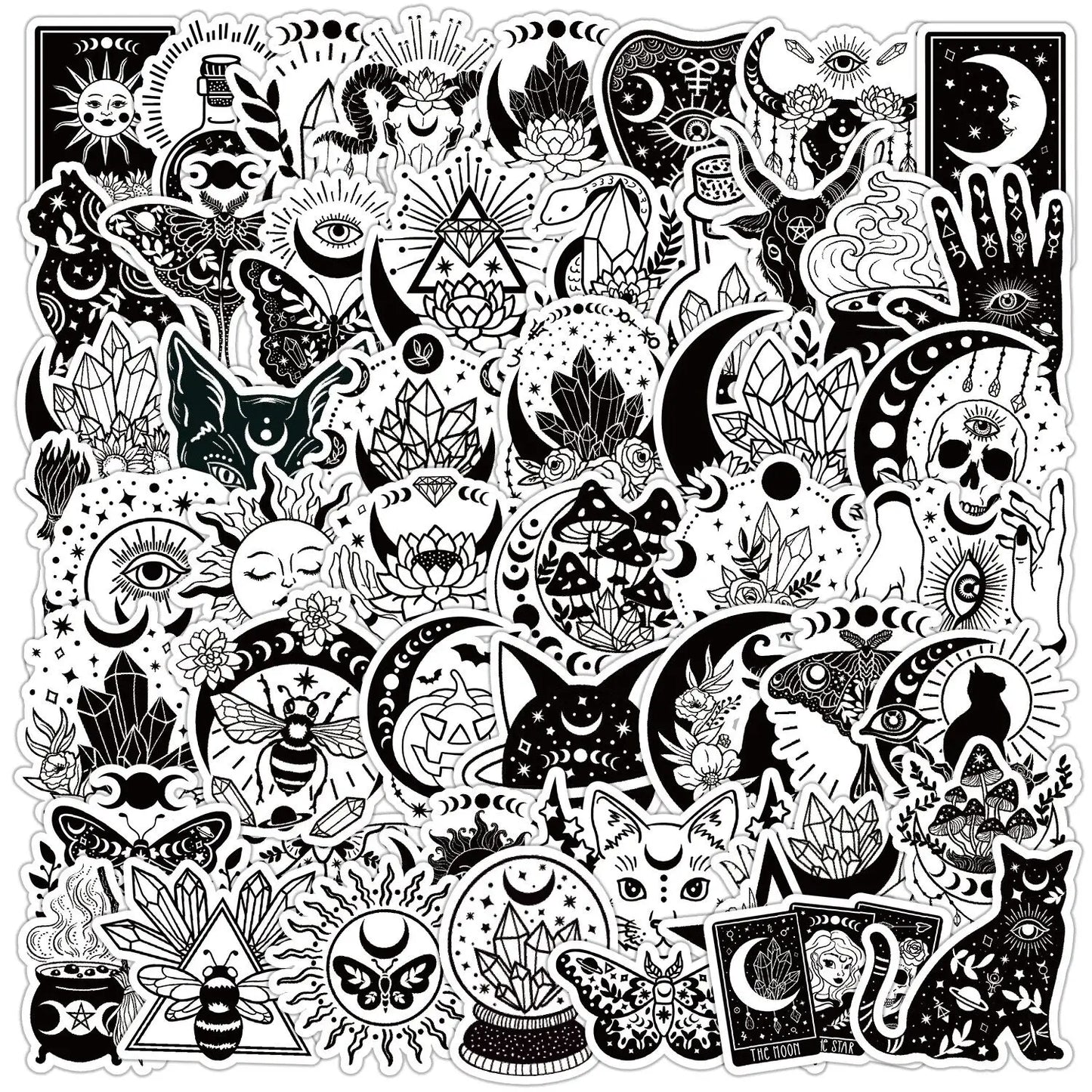 10/50PCS Black White Gothic Magic Witch Cartoon Stickers Halloween Tarot Goth Decals DIY Phone Laptop Luggage Skateboard Sticker