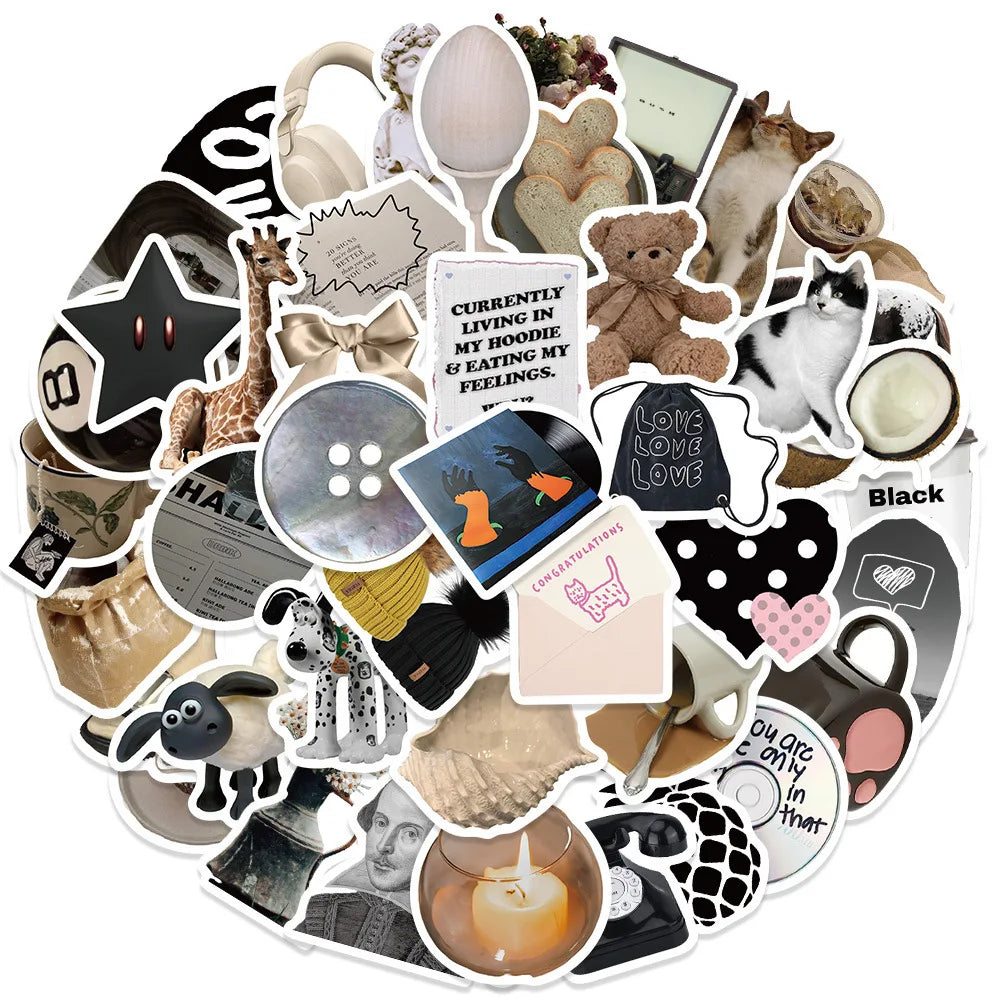 Black & White Minimalist Coffee Graffiti Stickers for Suitcase, Skateboard, Laptop, Luggage, Phone - 10/30/60Pcs