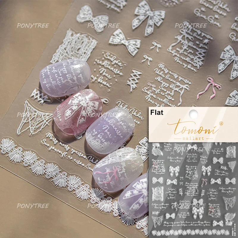White Lace Bow Nail Art Stickers 3D Manicure Decals