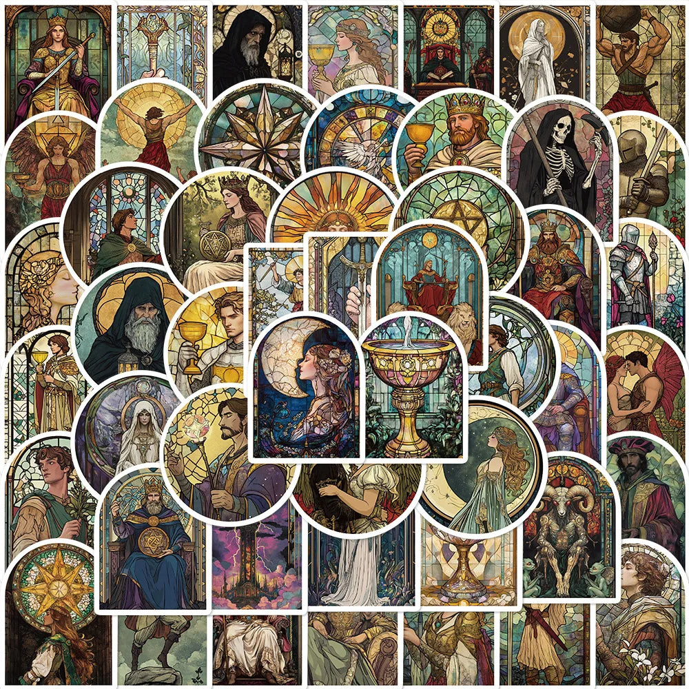 50Pcs Retro Stained Glass Tarot Stickers for Helmet, Wall, DIY Decor
