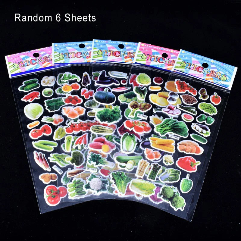 6 Sheets 3D Puffy Kids Stickers - Cartoon, Fruit, Vegetable - Birthday Gift, Scrapbooking