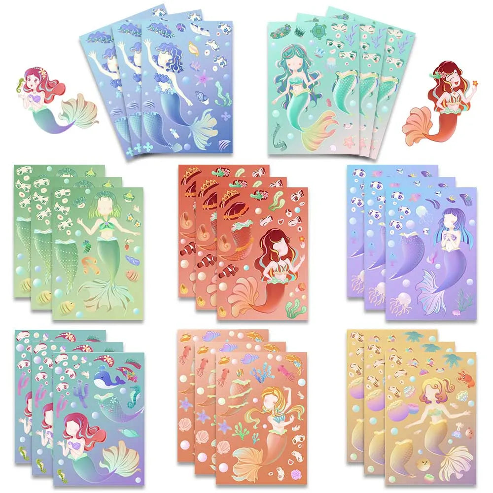 8 Sheets Pink Mermaid DIY Face Puzzle Sticker Set