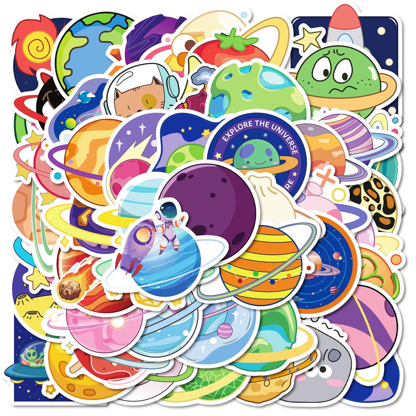 50Pcs Cartoon Universe Planet Stickers for Helmet, Wall, DIY Decoration