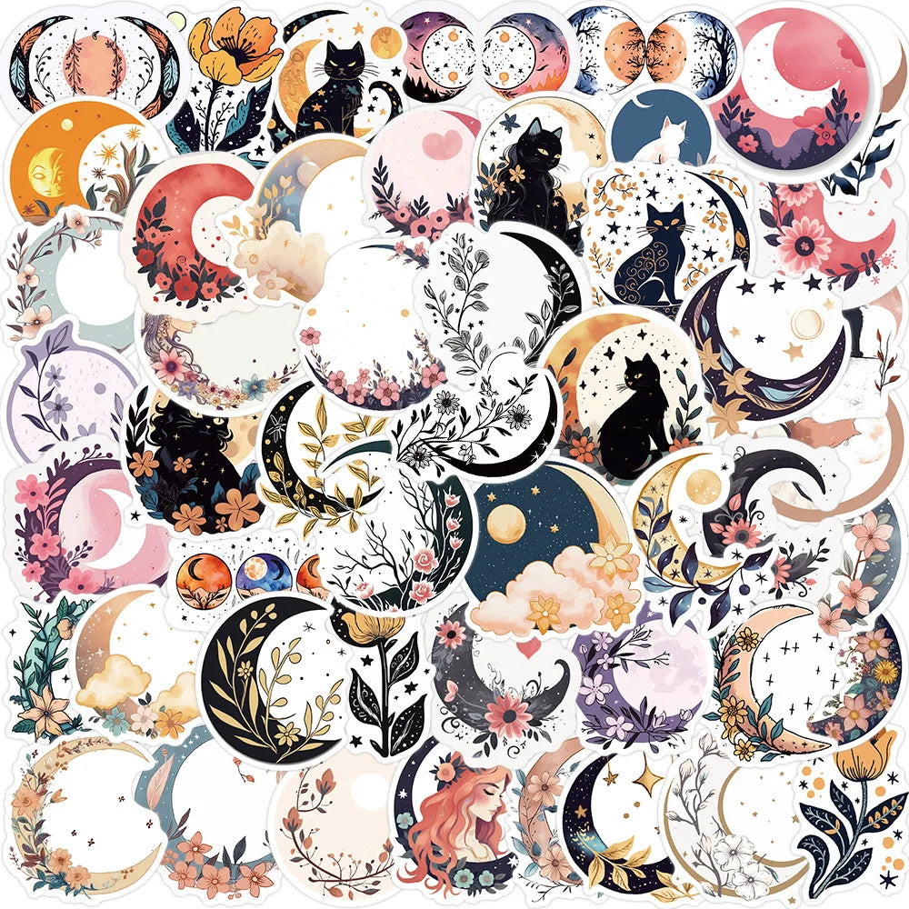 10/30/50pcs Aesthetic Bohemian Moon Flower Cat Stickers Decal for Scrapbook Guitar Laptop Luggage Water Bottle Fridge Skateboard
