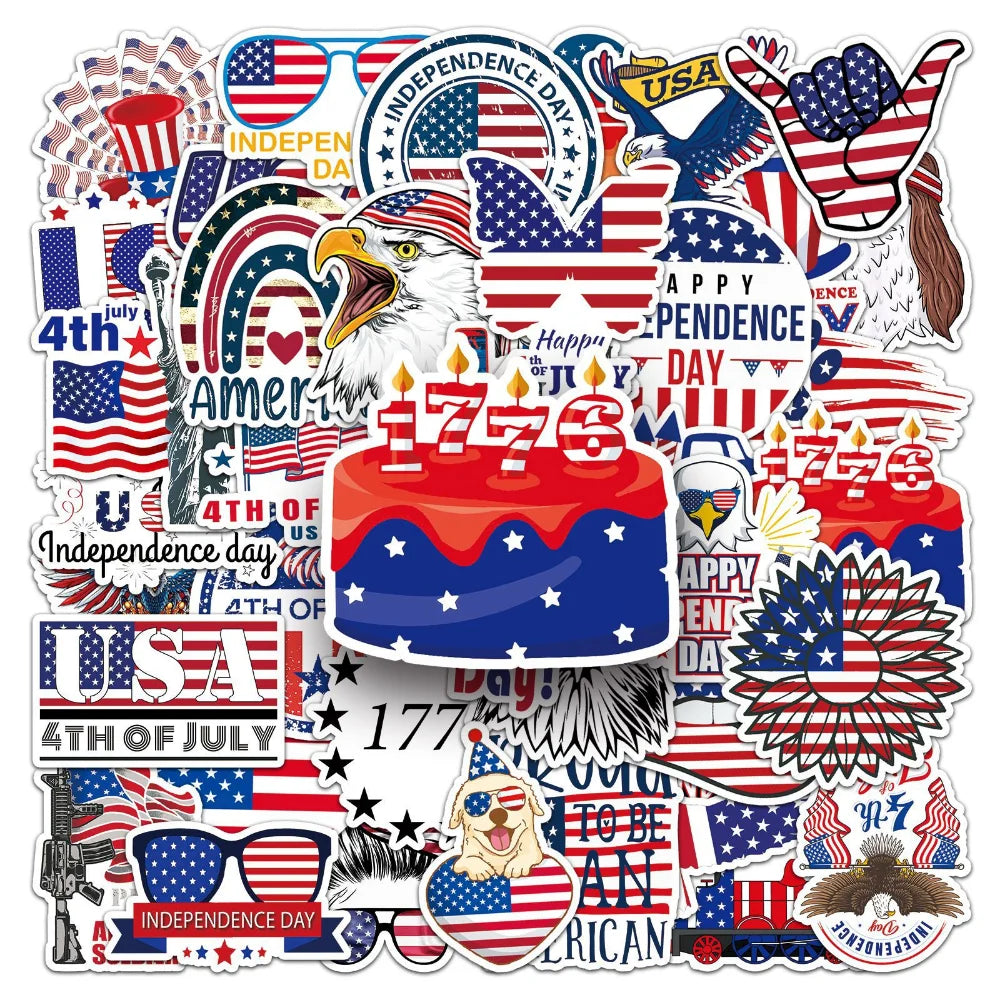 10/50Pcs American Flag Independence Day Cool Stickers Laptop Guitar Luggage Phone Waterproof Graffiti Sticker Decal Kid Toys