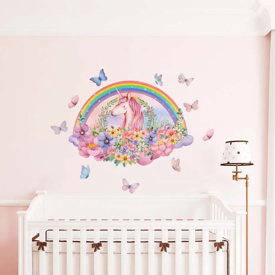 Unicorn Rainbow Butterfly Wall Stickers - Waterproof Removable PVC Kids Room Decor