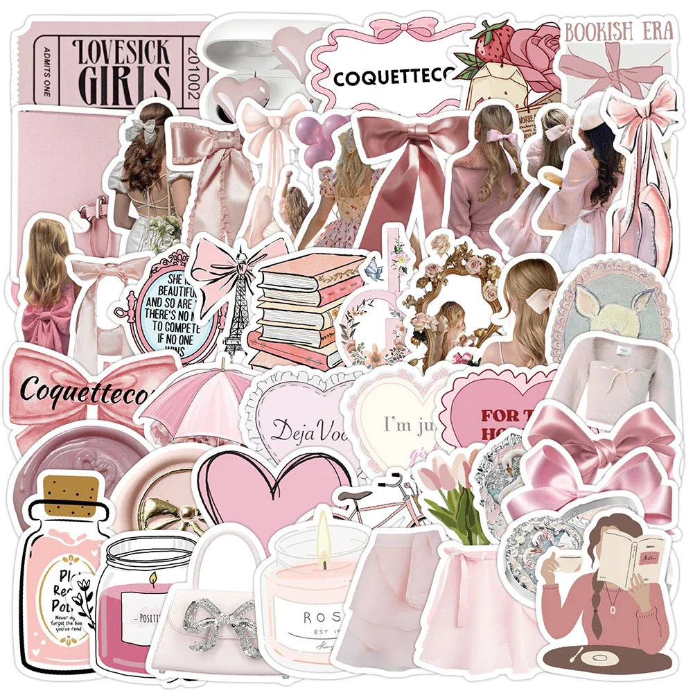 Cute Pink Coquette Stickers 10/30/50pcs Cartoon Graffiti Scrapbook Fridge Guitar Phone Kids Gift
