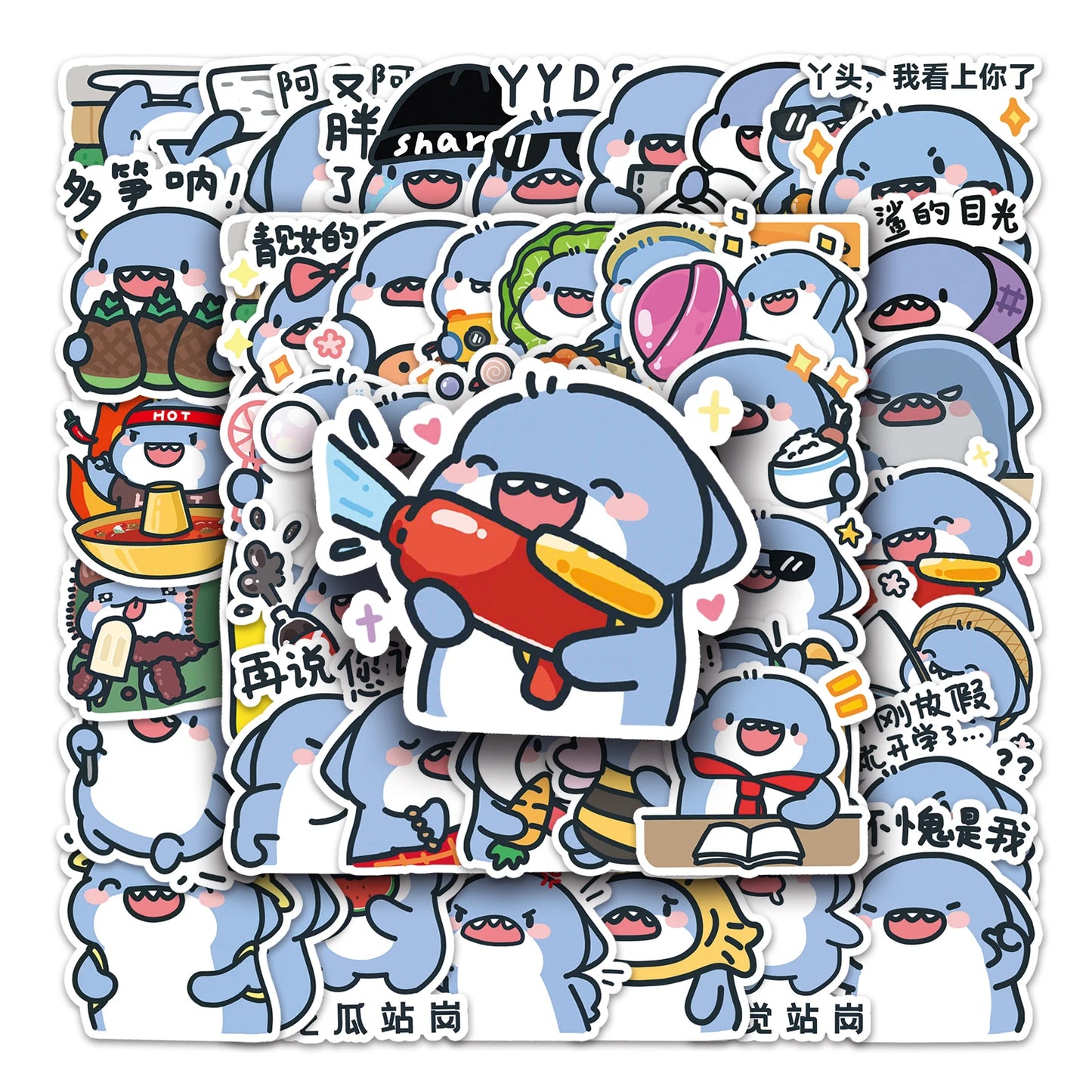 50Pcs Shark Cartoon Waterproof Vinyl Stickers for Skateboard Snowboard