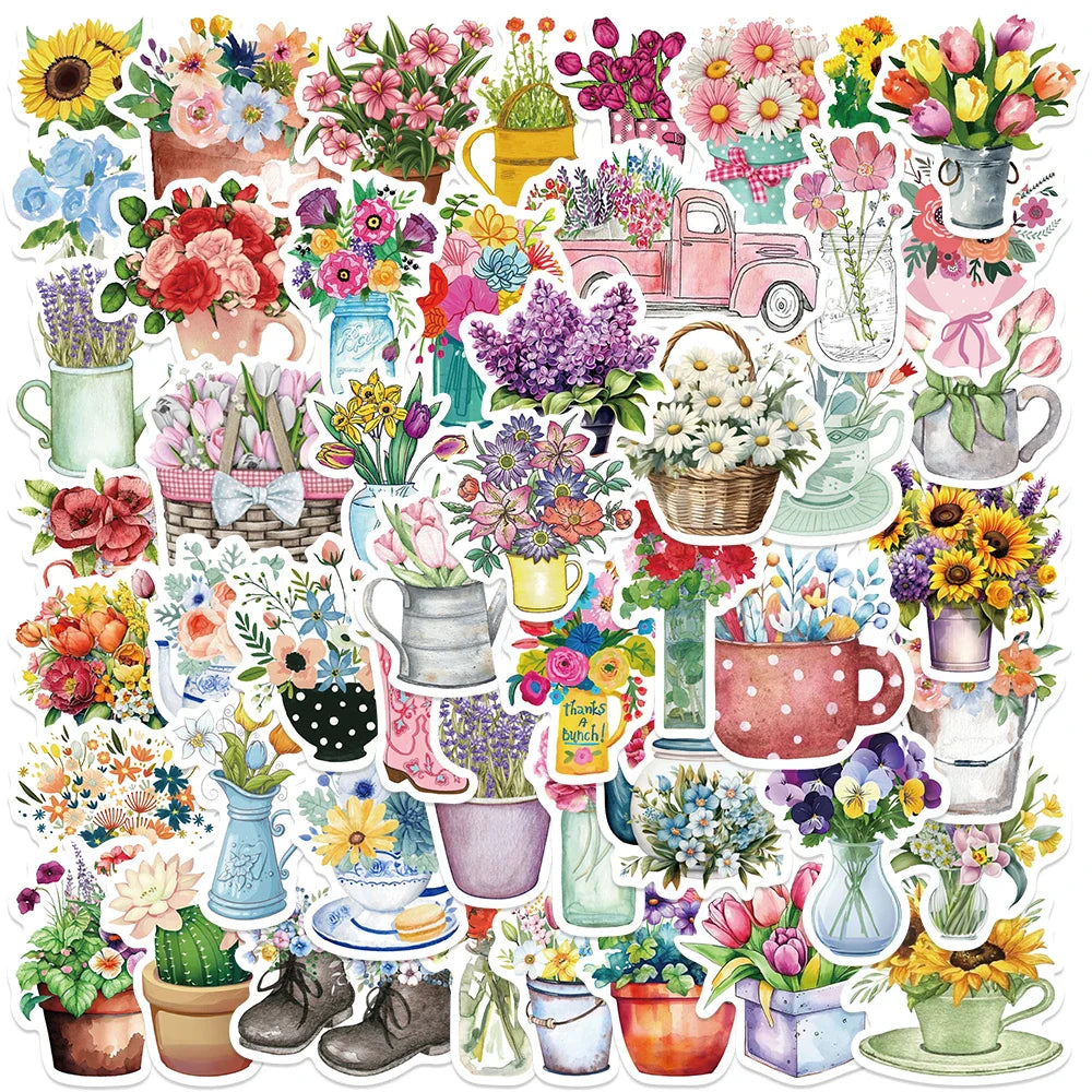 50PCS Colorful Waterproof Flower Stickers for Motorcycle, Car, Laptop, Bicycle, Guitar, Skateboard, DIY Graffiti