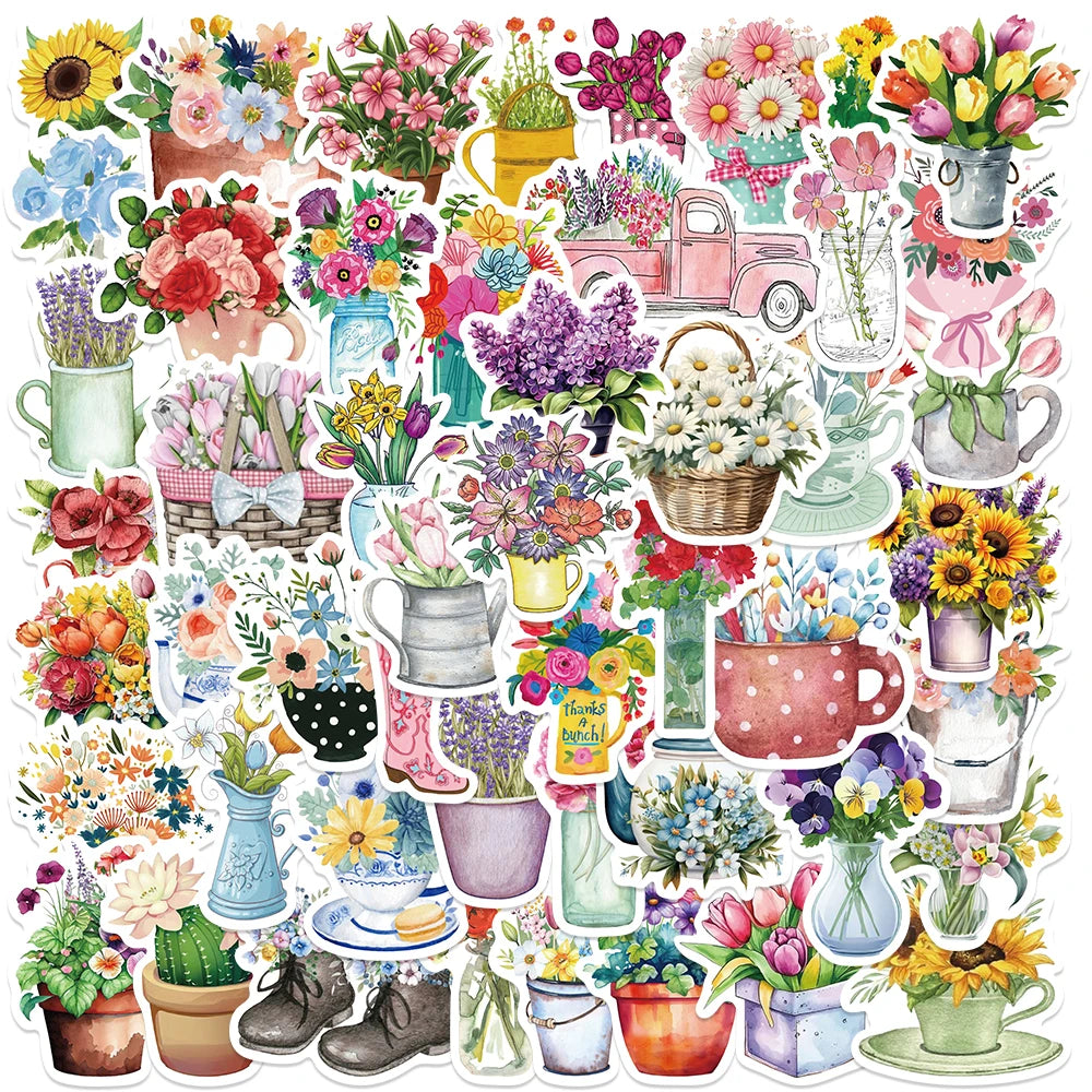 50PCS Colorful Waterproof Flower Stickers for Motorcycle, Car, Laptop, Bicycle, Guitar, Skateboard, DIY Graffiti
