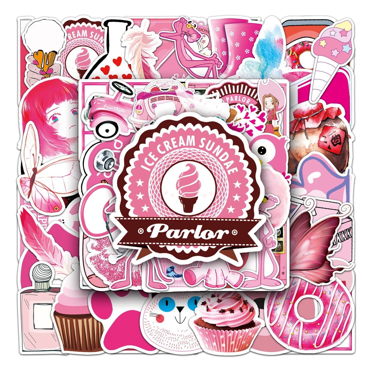 50Pcs Pink Cartoon Waterproof Vinyl Stickers for Skateboard Snowboard Decal