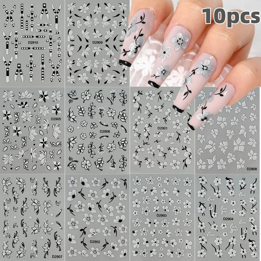 10pcs 5D Glitter Floral Nail Stickers Hibiscus Cherry Blossom
