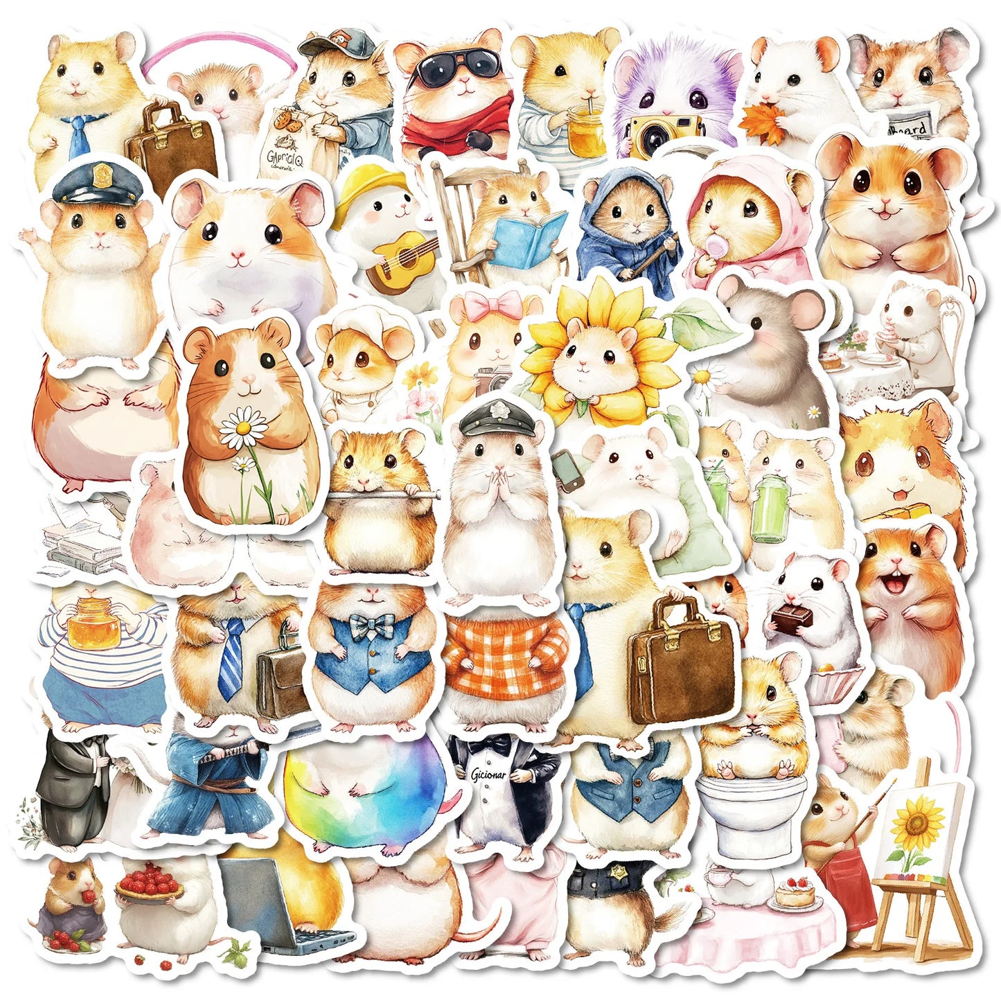 50Pcs Cute Hamster Cartoon Stickers for Helmet, Wall, DIY Decoration
