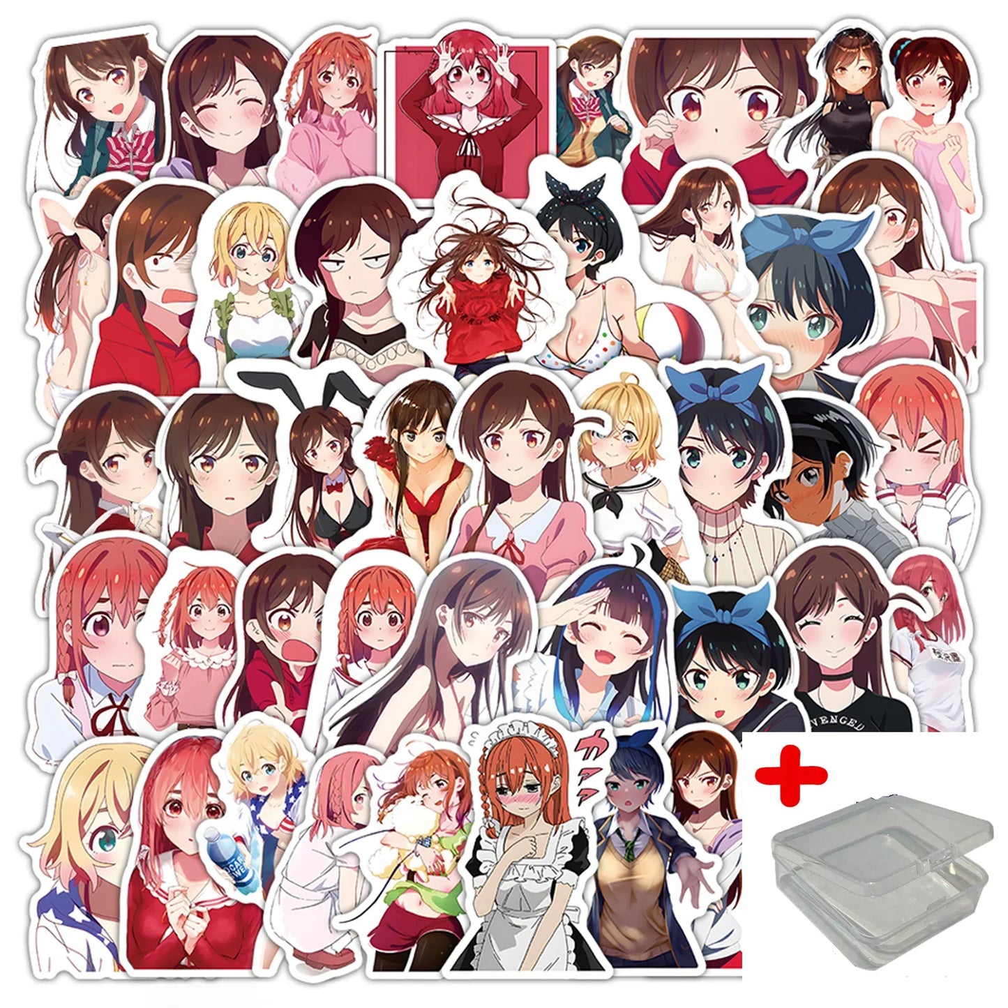 53pcs Rent A Girlfriend Stickers for Helmet, Wall, Desktop Decoration with Storage Box