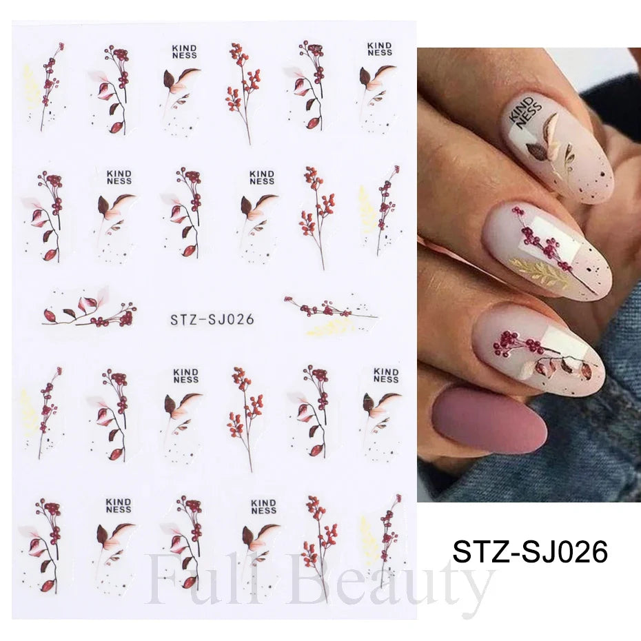 3D Gold Leaf Nail Stickers Black Cotton Flower Decals Manicure Design