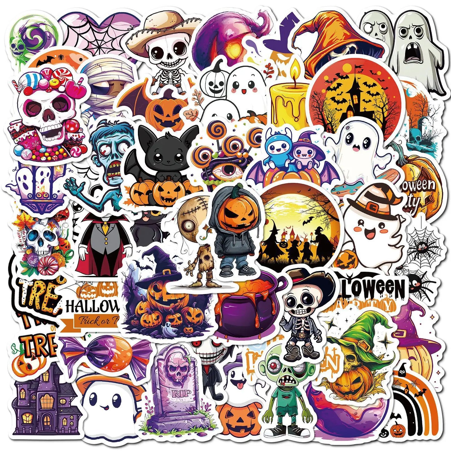 50Pcs Cartoon Trick-or-Treat Graffiti Stickers for Helmet, Wall, DIY Decoration