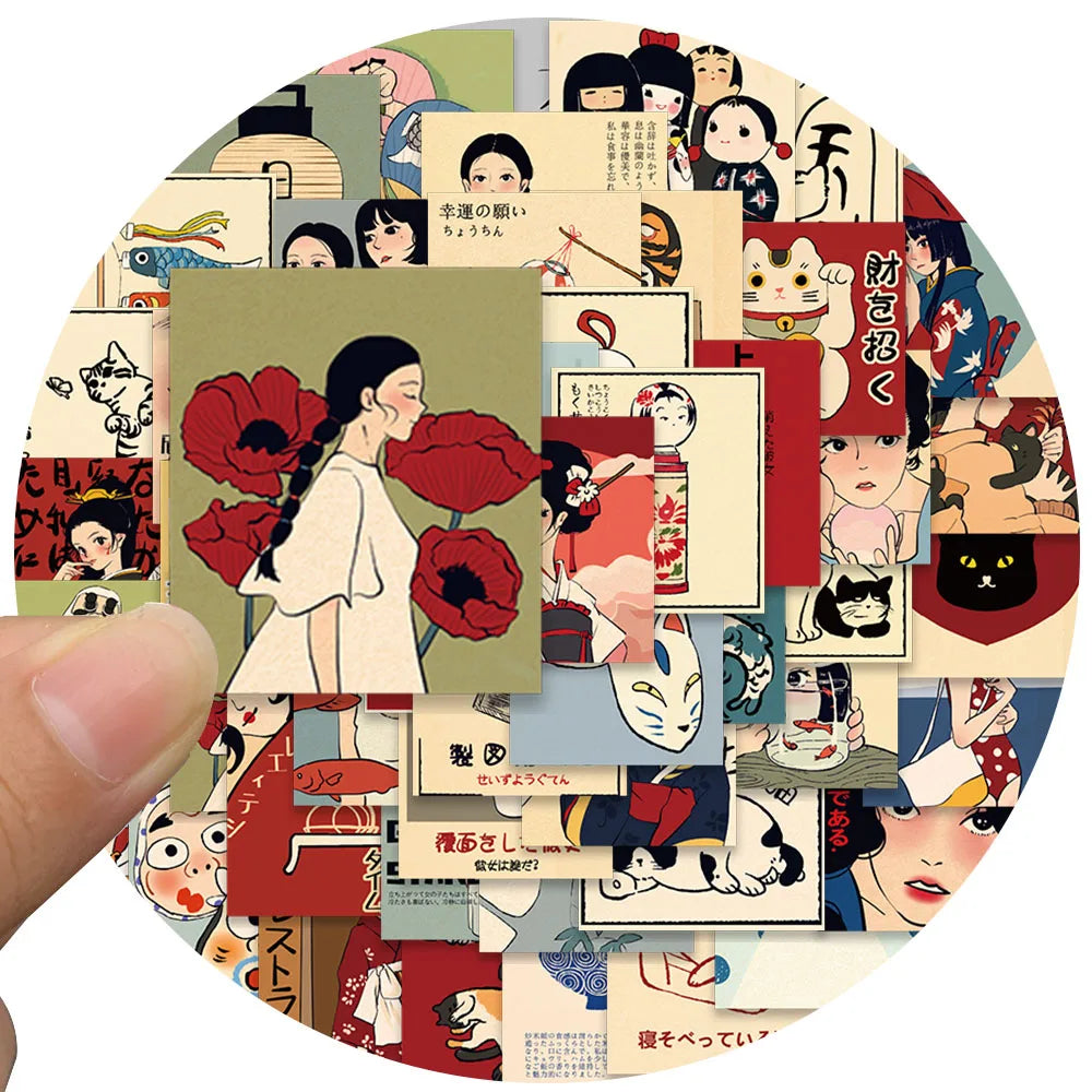 50pcs Aesthetic Japanese Culture Stickers Retro Cartoon Water Bottle Stickers Laptop Luggage Notebook Waterproof Vinyl Decals
