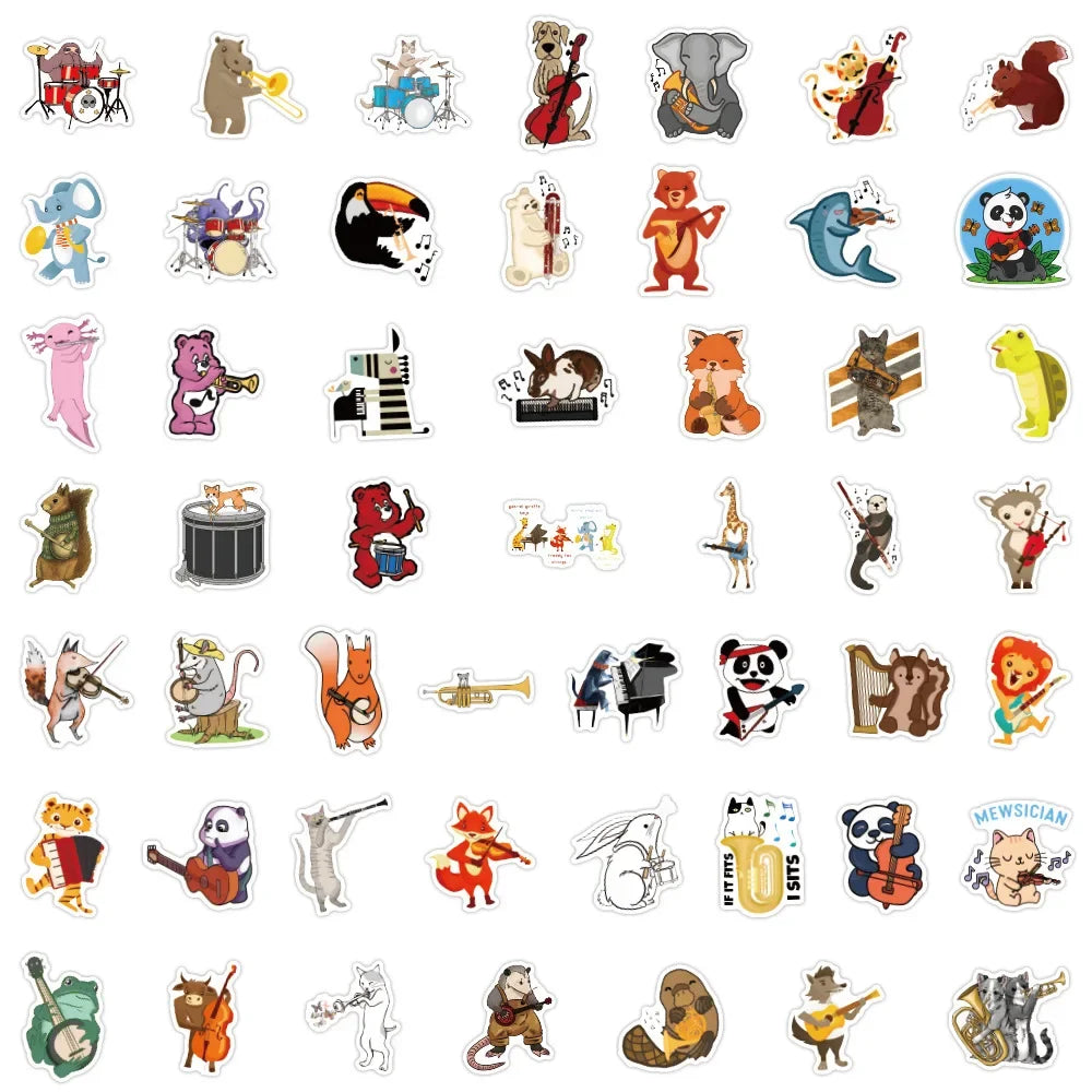 50/100pcs Cute Cartoon Animal Music Band Sticker for DIY Phone Skateboard Guitar Scrapbooking Supplies Stickers Pack Kids Toy
