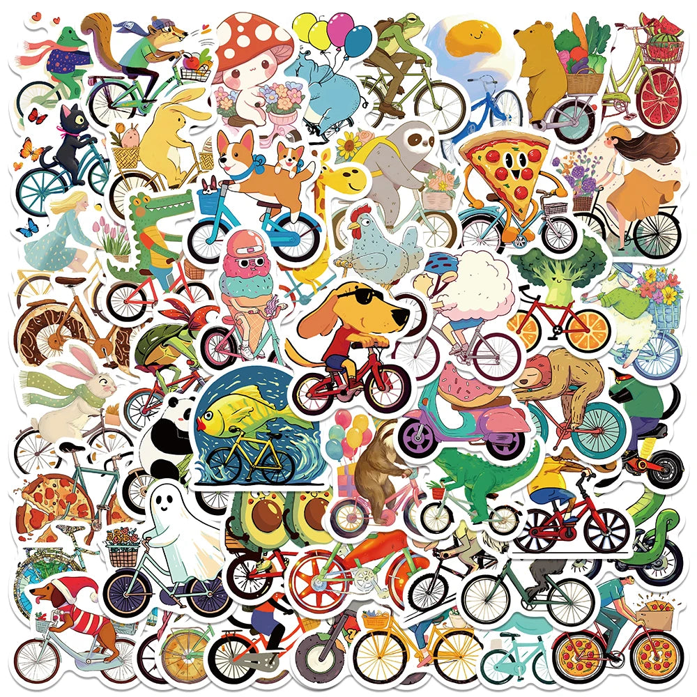 50pcs Cute Cartoon Biking Food Animals Stickers Laptop Water Bottle Decals Luggage Notebook Phone Waterproof Vinyl Stickers
