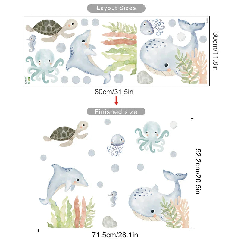 Cute Marine Life Wall Decals: Dolphin, Whale, Seaweed Nursery Stickers for Kids Room Decor