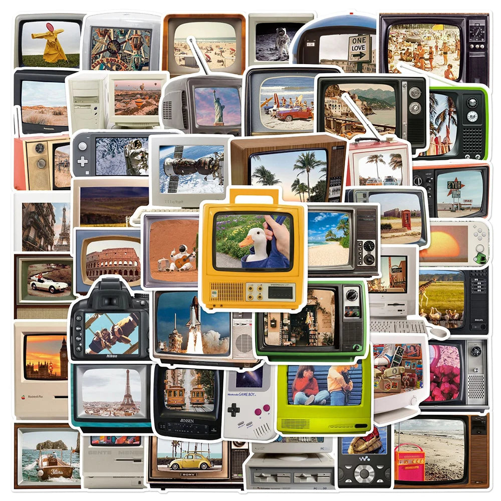 Vintage TV Stickers Set: Retro Decals for Laptop, Phone, Skateboard, Luggage, Waterproof